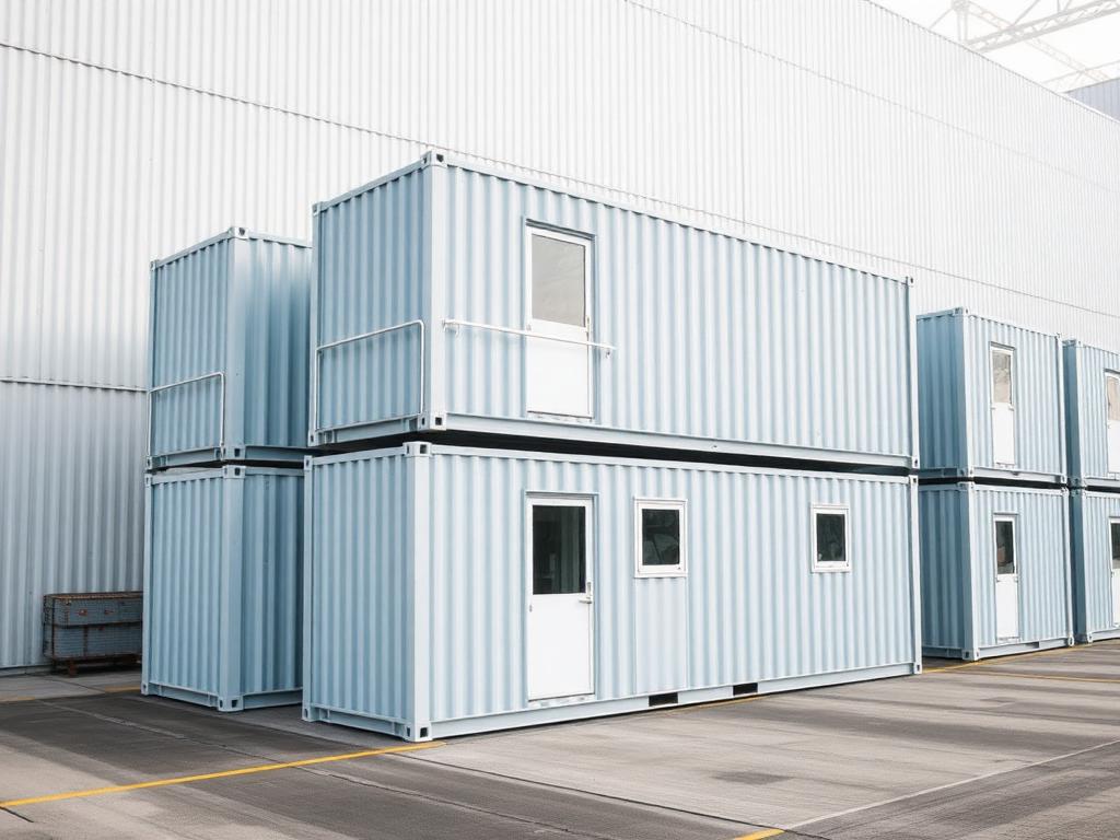Containers modulares empilhados em pátio industrial