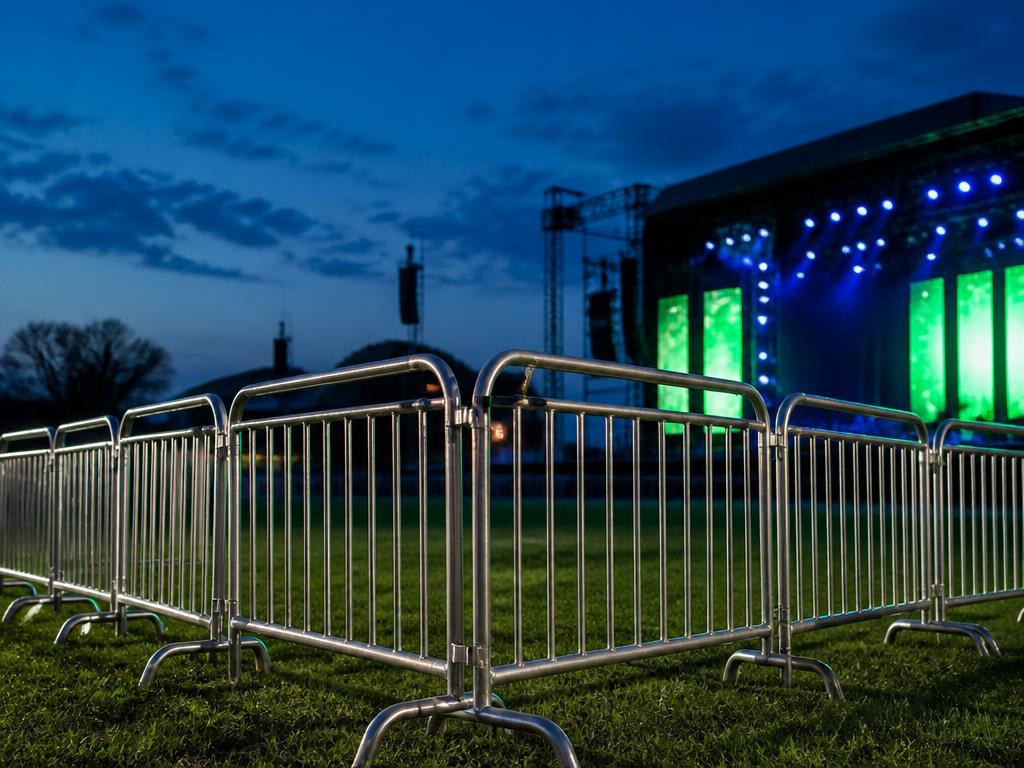 Grades metálicas cromadas instaladas em evento ao ar livre com palco iluminado ao fundo
