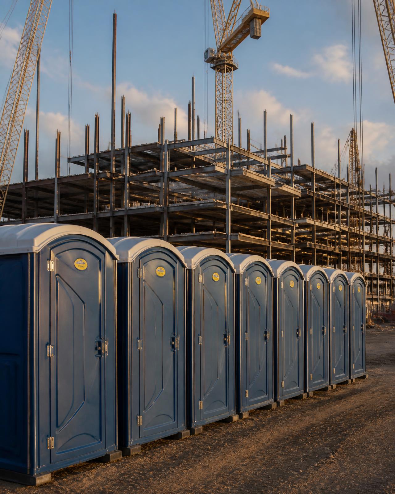 Canteiro de obras com banheiros químicos instalados para os trabalhadores